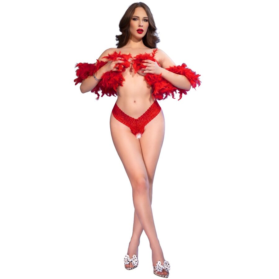 Mannequin portant le string ouvert en dentelle rouge de Chilirose avec un boa de plumes