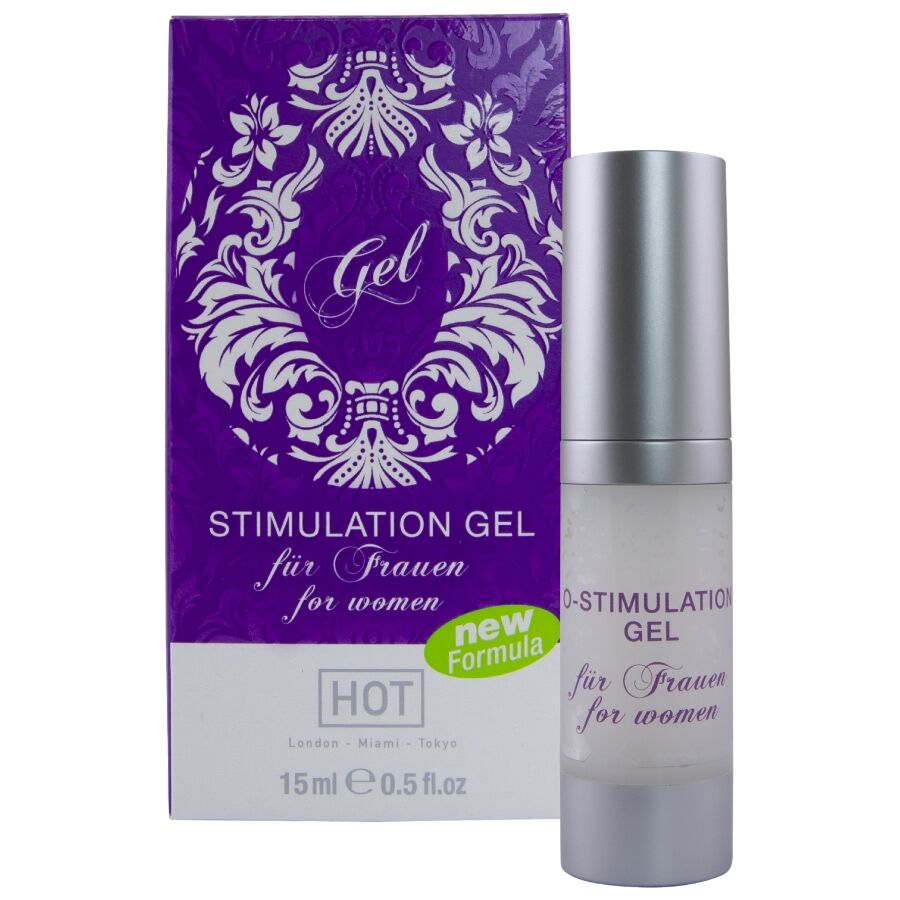 Flacon pompe et étui violet du gel stimulant O-Stimulation pour femme de Hot, 15 ml