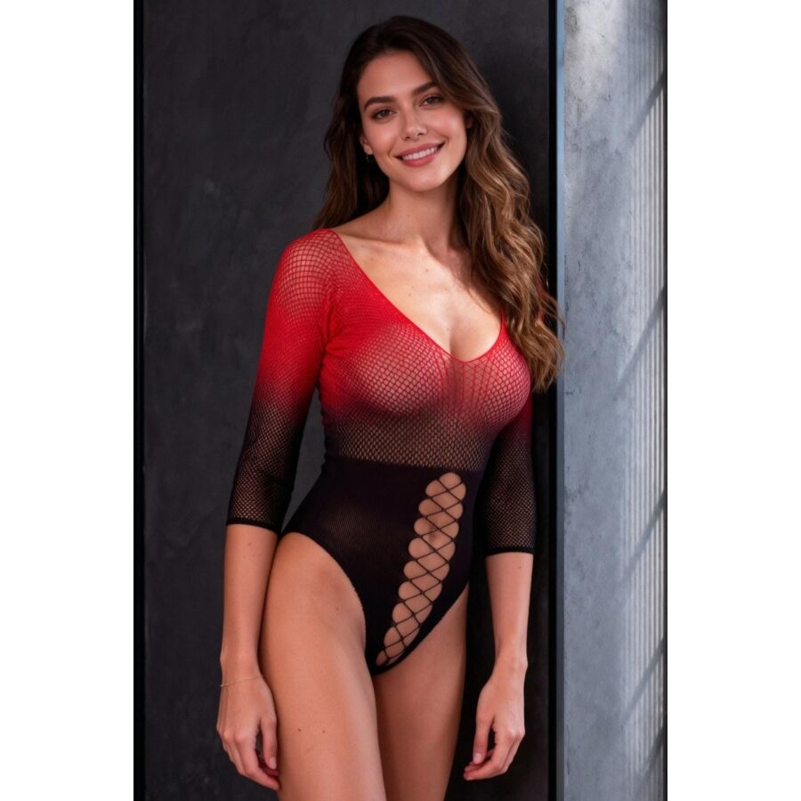 Bodystocking Maille Noir et Rouge Décolleté Plongeant Manches 3/4 - Passion Woman
