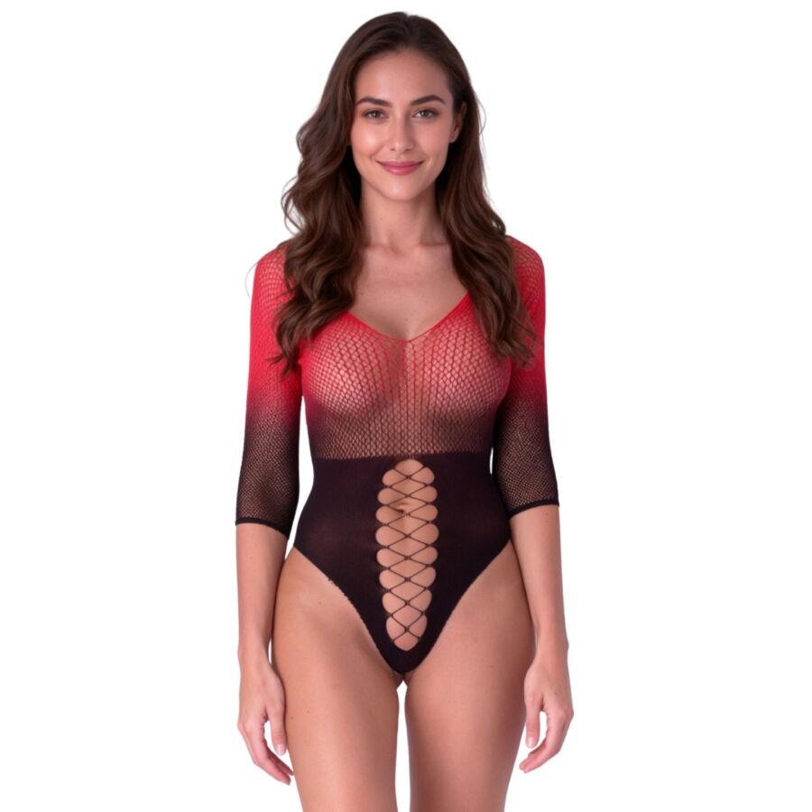 Bodystocking Maille Noir et Rouge Décolleté Plongeant Manches 3/4 - Passion Woman