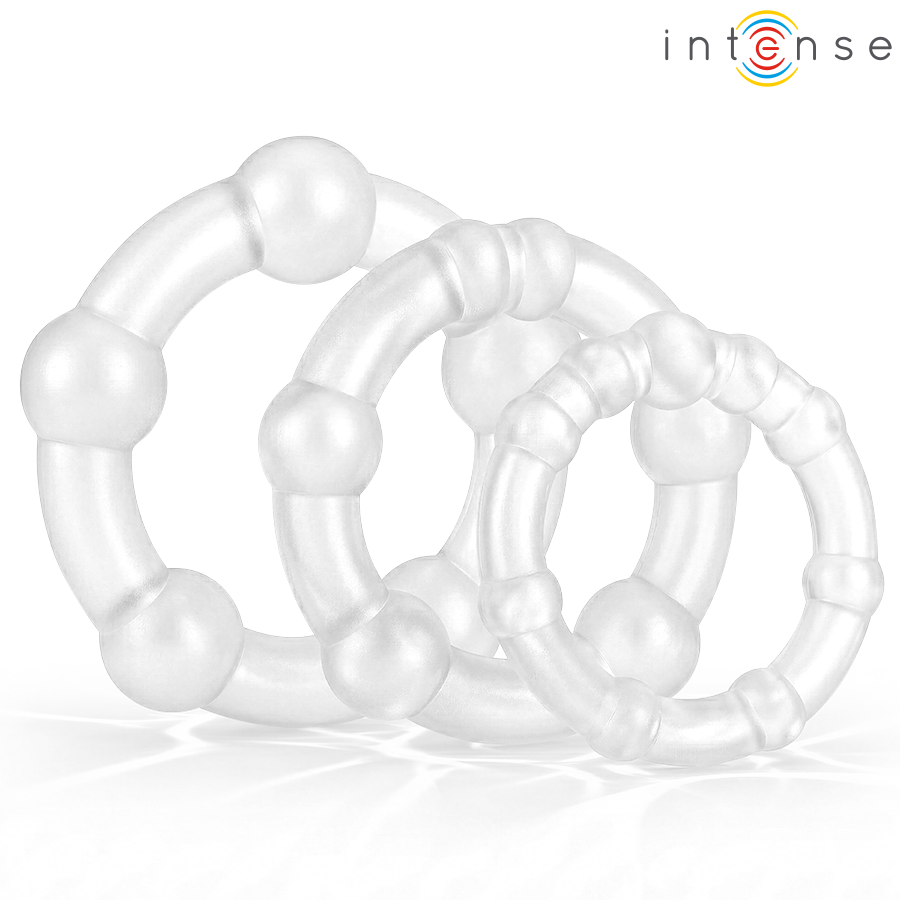 Trois cockrings transparents Bourne d'Intense superposés, renflements en évidence