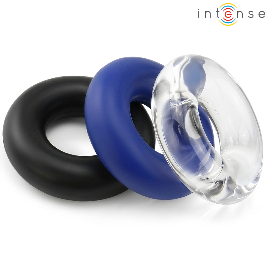 Cockrings Wick d'Intense noir, bleu et transparent posés côte à côte