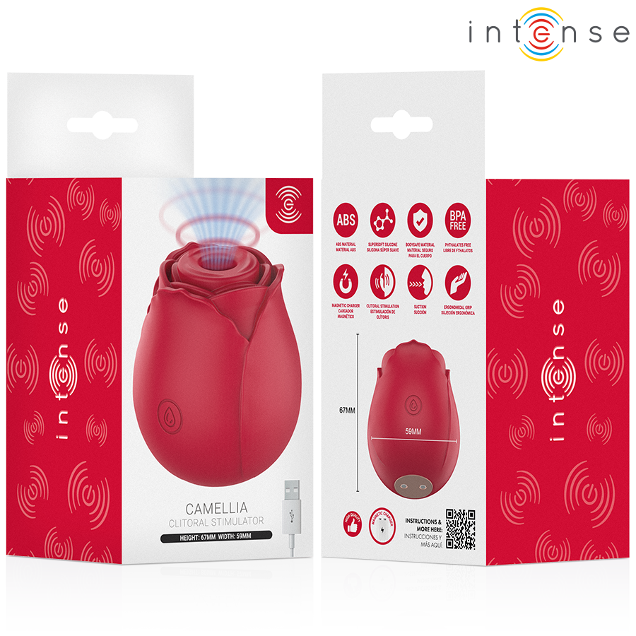 Boîte de face et de dos du stimulateur clitoridien Camellia de la marque Intense
