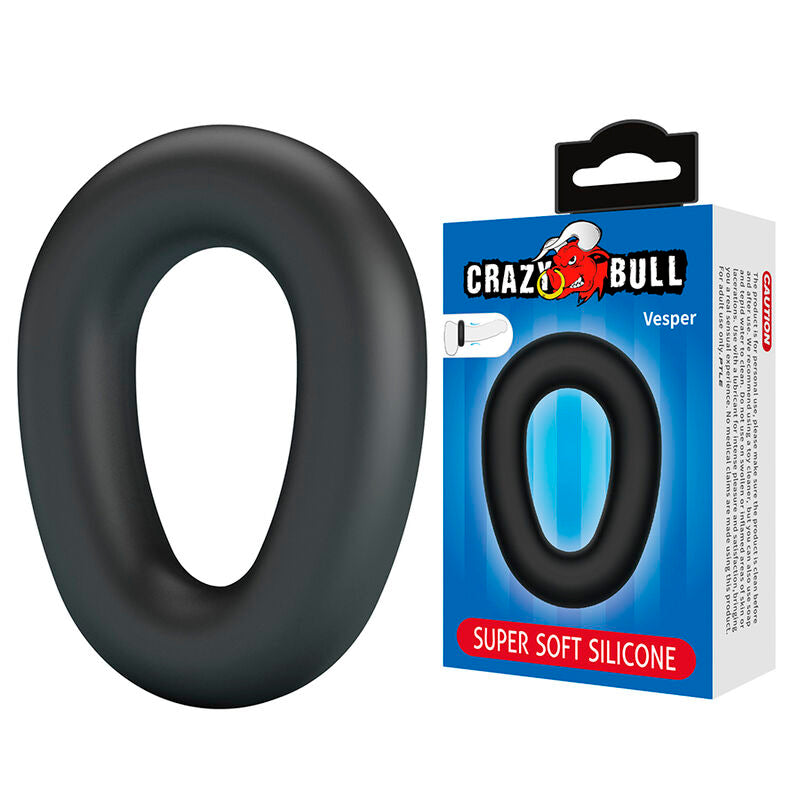 Cockring Vesper de Crazy Bull incliné à côté de sa boîte Super Soft Silicone