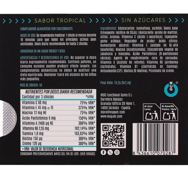 Chewing-Gum Multivitamines Fonctionnelles Multivit Saveur Tropicale 8 Gommes - Wug Gum