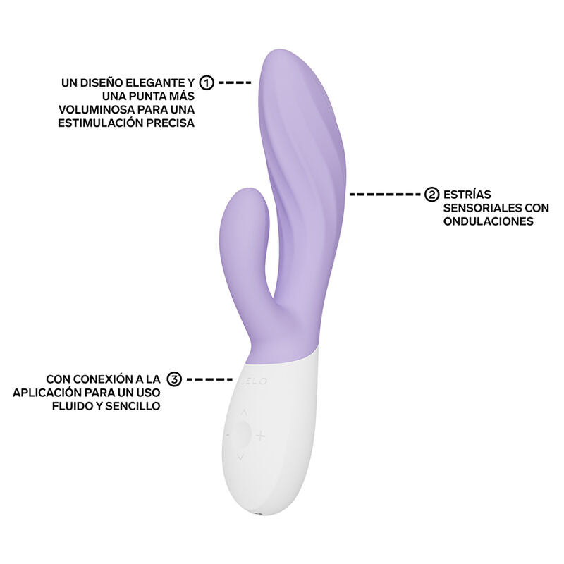 Rabbit Ina Twist violet de Lelo annoté en espagnol : pointe, stries et application