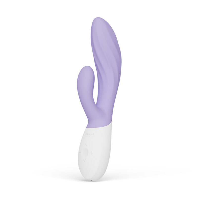 Ina Twist violet de Lelo vu de trois quarts, tige ondulée et poignée blanche
