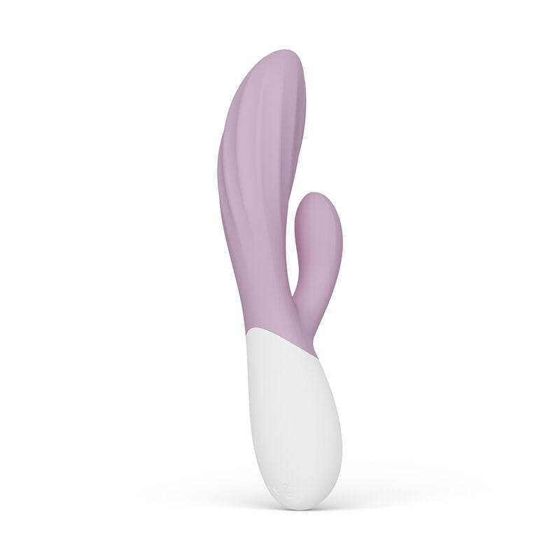 Vibromasseur rabbit Ina Twist rose de Lelo vu de profil, poignée blanche