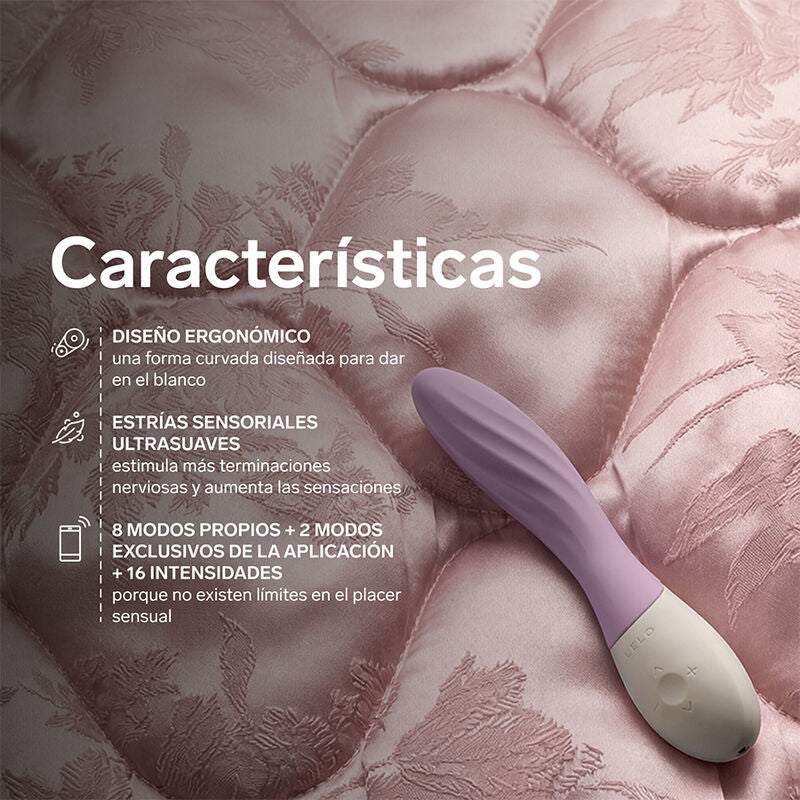 Caractéristiques d'un vibromasseur Mona lilas de Lelo sur un tissu rose satiné