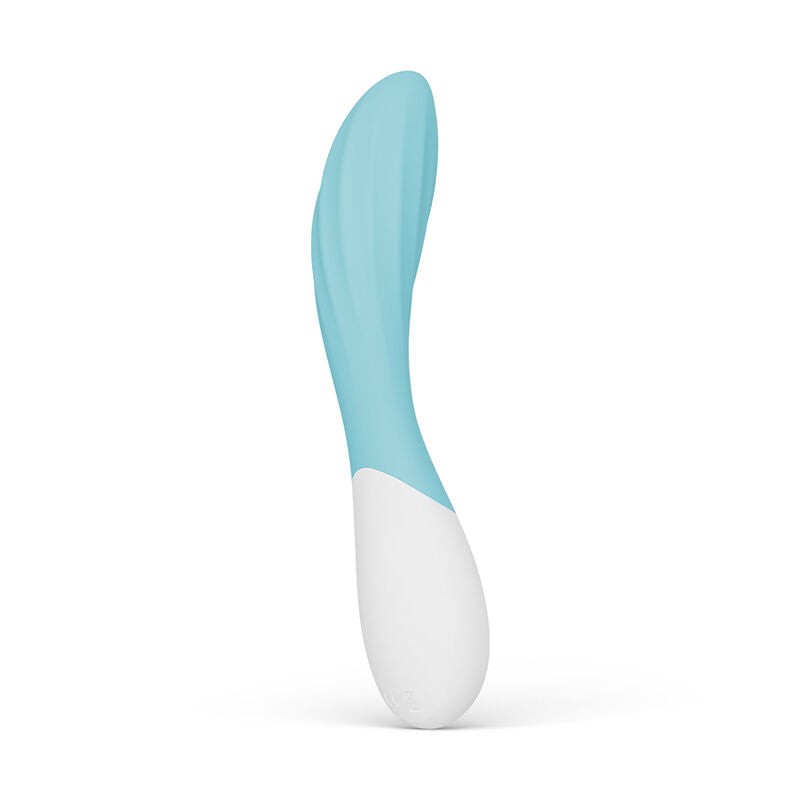 Vibromasseur point G Mona Twist vert d'eau de Lelo vu de face, poignée blanche