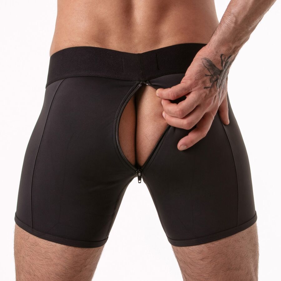 Ouverture zippée arrière du boxer Locker Gear noir entièrement ouverte, vue de dos