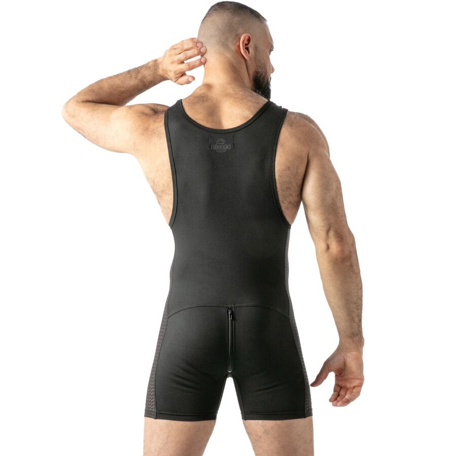 Vue de dos du singlet noir Locker Gear avec zip arrière fermé et logo en haut