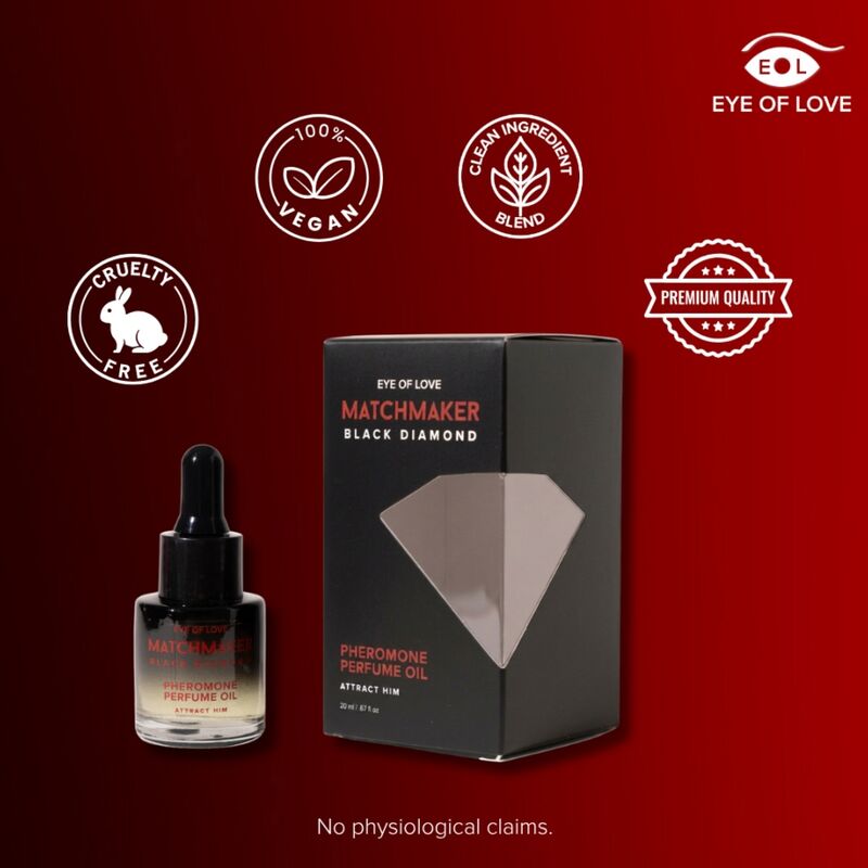 Huile Black Diamond Eye Of Love et sa boîte sur fond rouge avec labels vegan