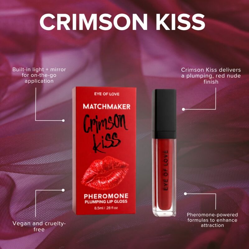 Fiche visuelle du gloss Crimson Kiss Eye Of Love avec miroir LED et mentions vegan