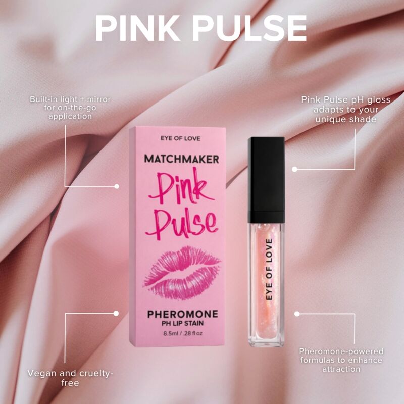 Fiche visuelle du gloss Pink Pulse Eye Of Love sur satin rose avec mentions