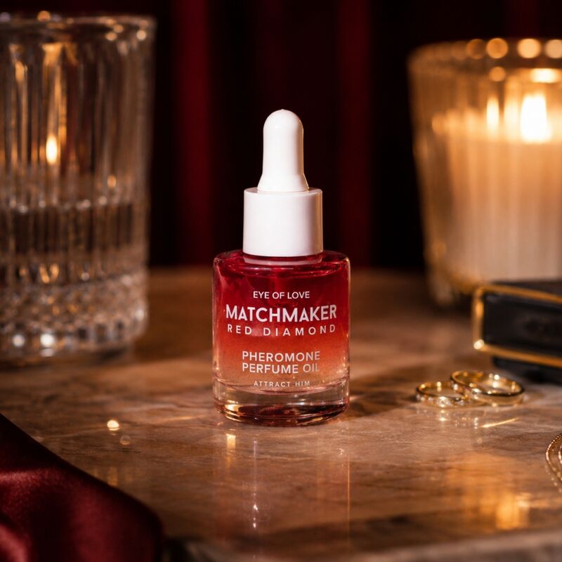 Huile Matchmaker Red Diamond Eye Of Love sur un marbre près d'une bougie