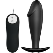 Silicone penis-shaped anal plug with 12 vibration modes, black