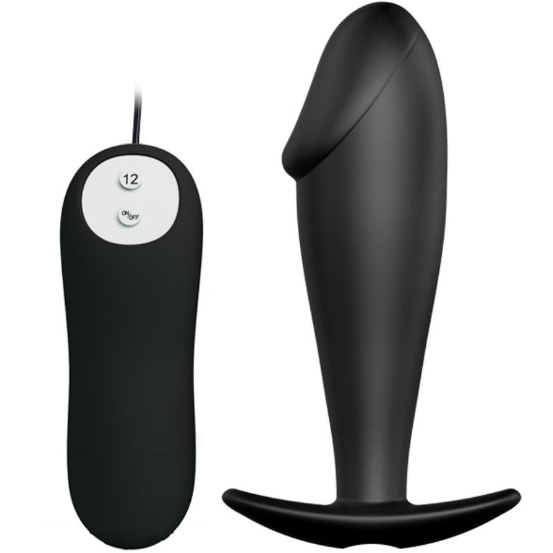 Silicone penis-shaped anal plug with 12 vibration modes, black