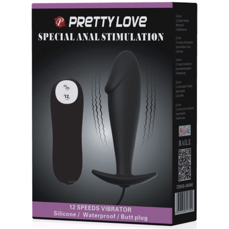 Silicone penis-shaped anal plug with 12 vibration modes, black