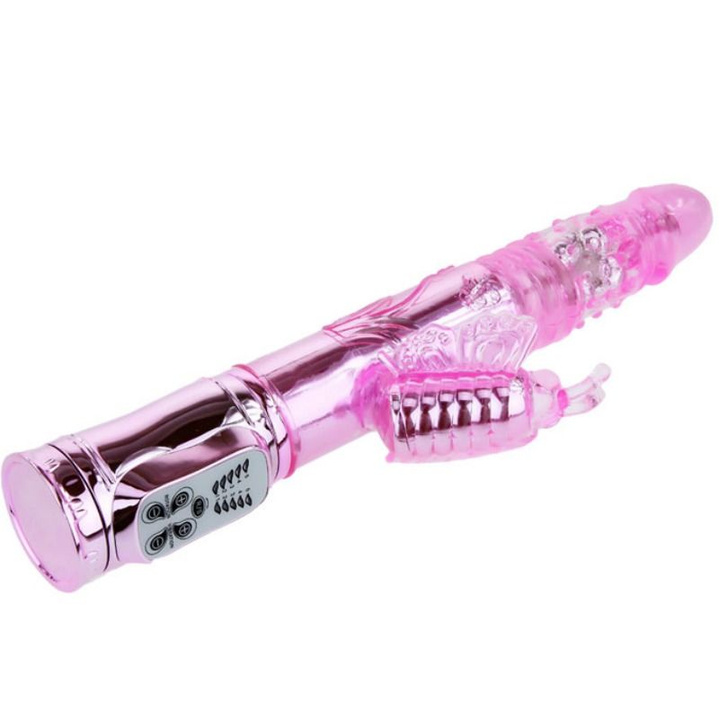 Rechargeable vibrator with rotating and throbbing butterfly stimulator