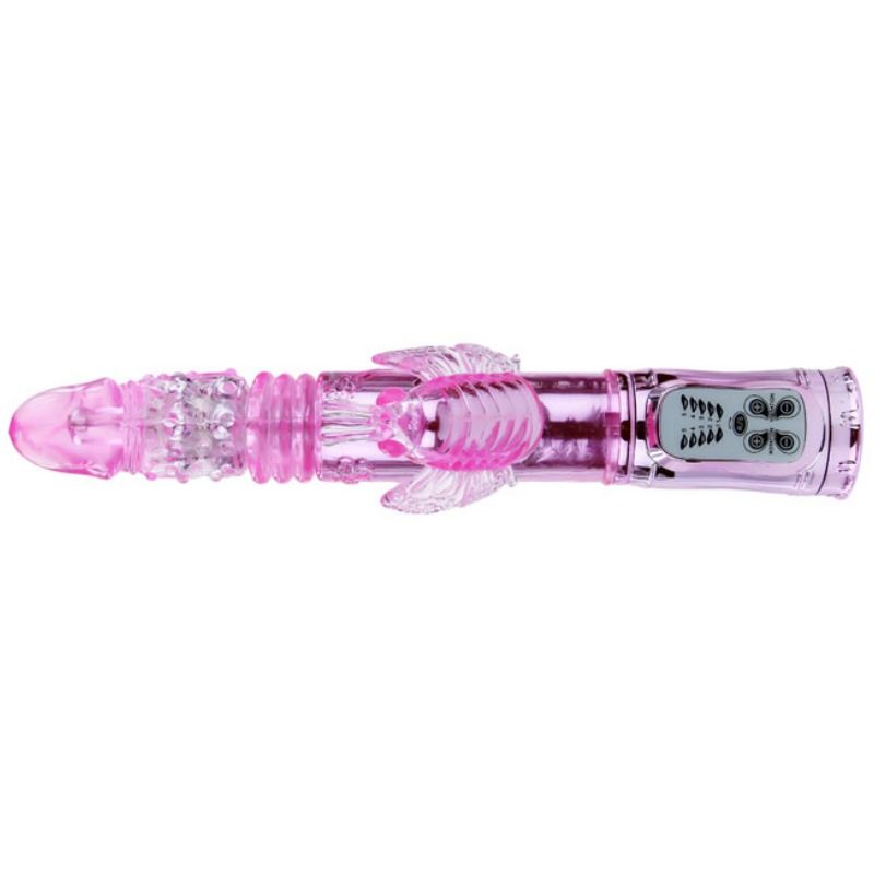Rechargeable vibrator with rotating and throbbing butterfly stimulator