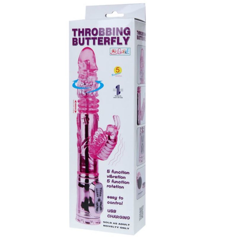 Rechargeable vibrator with rotating and throbbing butterfly stimulator