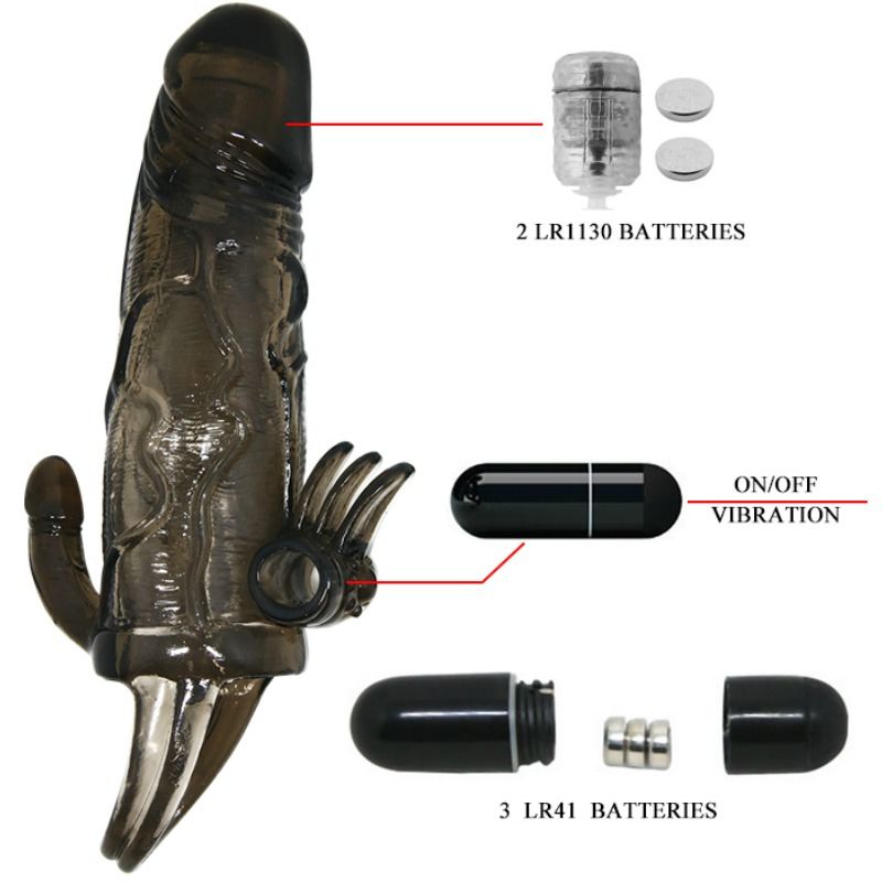 Brave Man Penis Sleeve with Clit and Anal Stimulation Double Bullet Black 16.5 cm