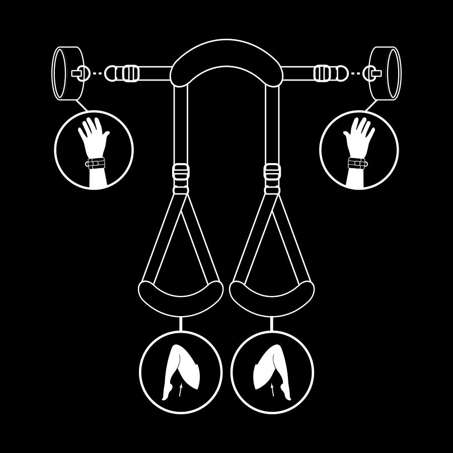 Open leg position with neoprene-lined handcuffs