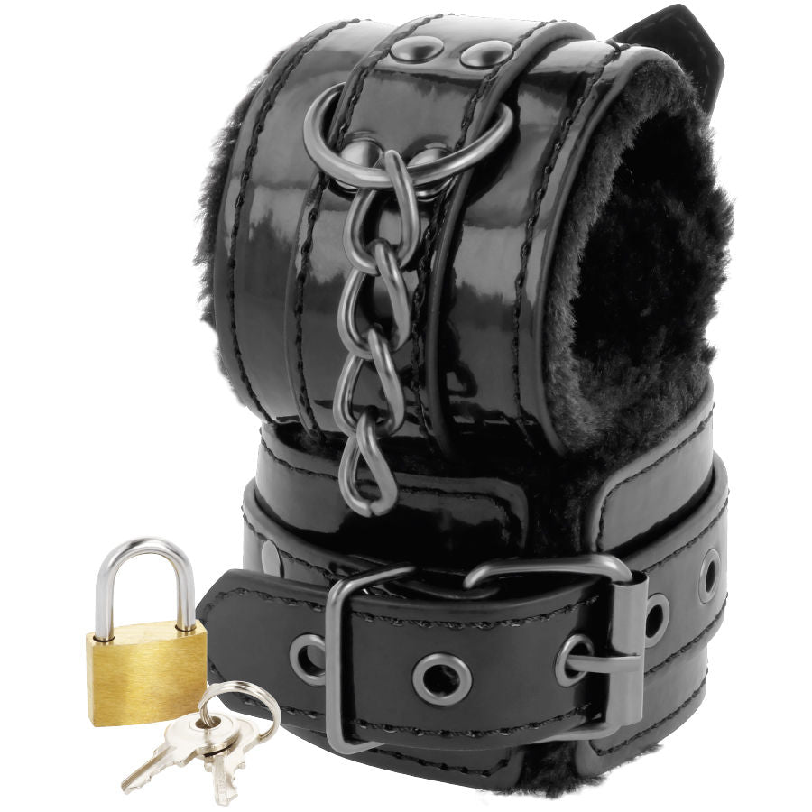 Adjustable black leather handcuffs with padlock