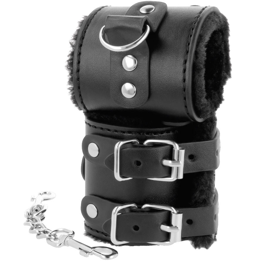 Adjustable black leather handcuffs with lining