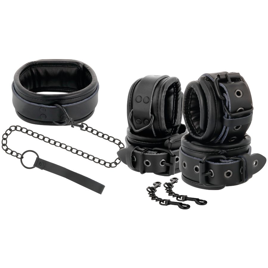 Black leather handcuffs and collar