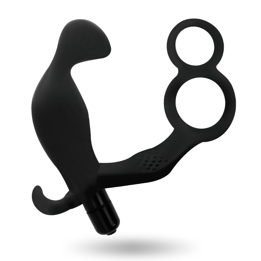 Anal plug with double penis and testicle ring black