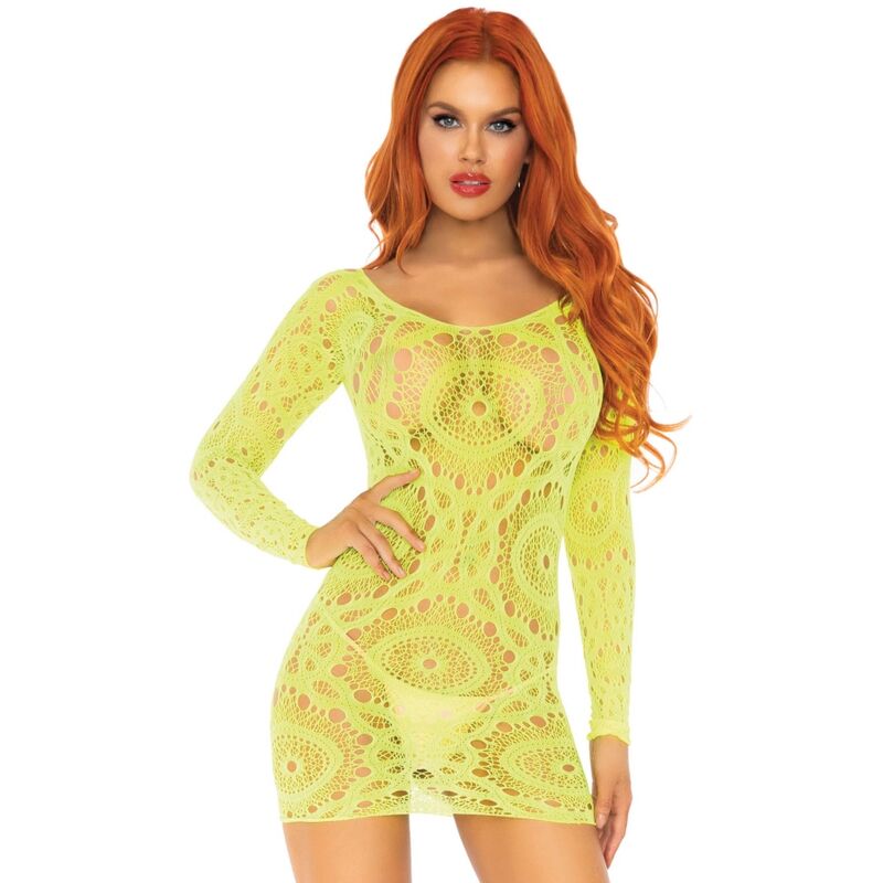 LEG AVENUE - MINI CROCHET LACE DRESS WITH LONG NEON SLEEVES, ONE SIZE