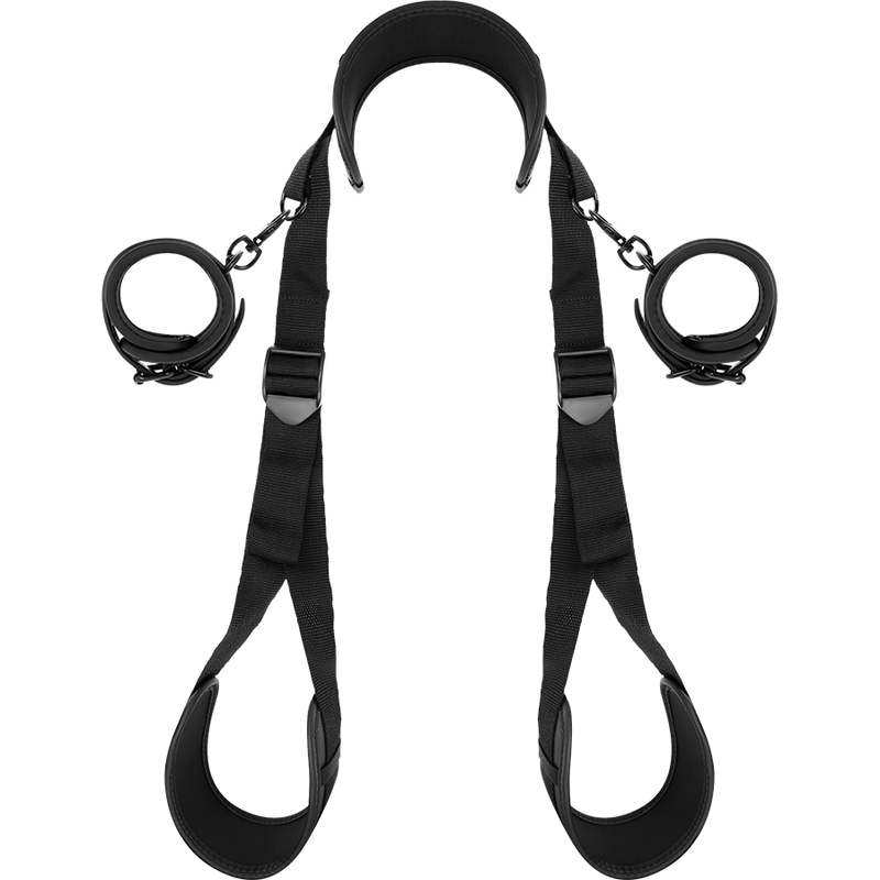 Open leg position with neoprene-lined handcuffs
