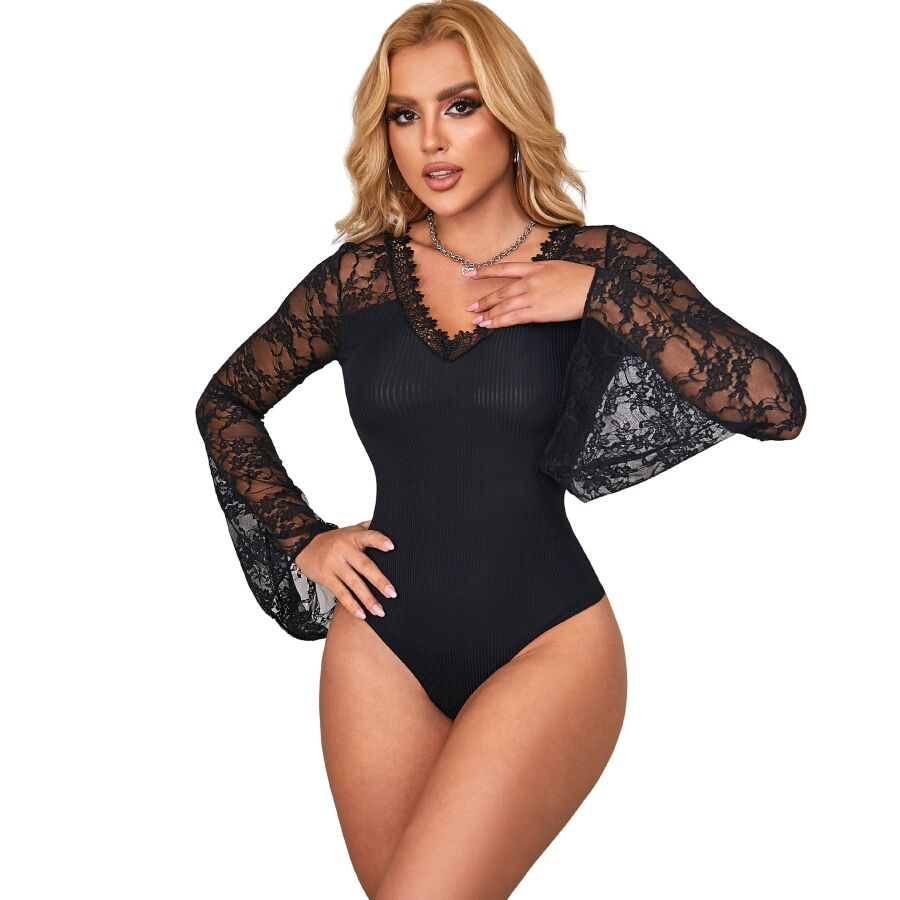 Teddy Sensuel Motif Floral Transparence et Lacets Noir S/M - Subblime